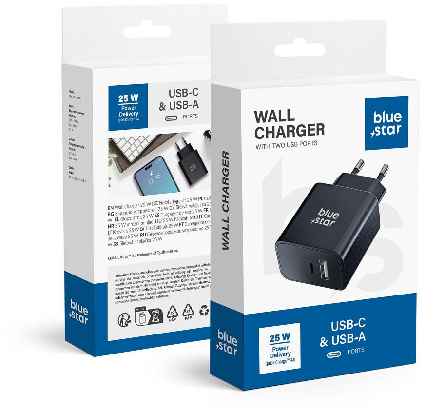 BLUE STAR travel charger with USB C+USB-A sockets PD QC4.0 3A 25W TFB-TC-25WPD black