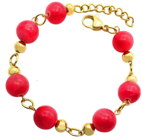 Ατσάλινο Βραχιόλι με Κόκκινες Χάντρες και Χρυσές Λεπτομέρειες (B3426)