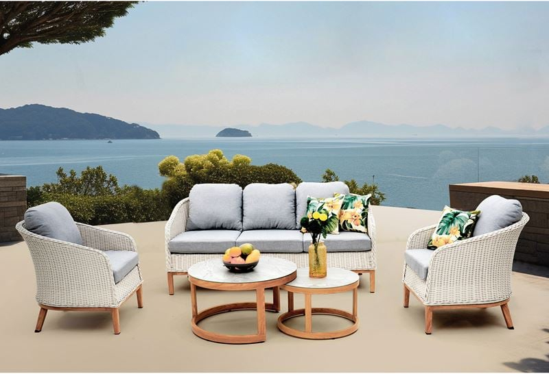 WOODWELL Ε6875IBIZA Set Σαλόνι Κήπου: 3θέσιο +2 Πολυθρόνες+2 Τραπεζάκια ALU Φυσικό-Wicker Άσπρο-Μαξιλ.Γκρι 182x78x79-66x78x79-Φ80-Φ60cm Ε6875