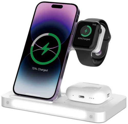 Devia Ασύρματη Βάση με Λάμπα 3 σε 1 για iPhone / Airpods / Apple Watch 15W - Λευκό