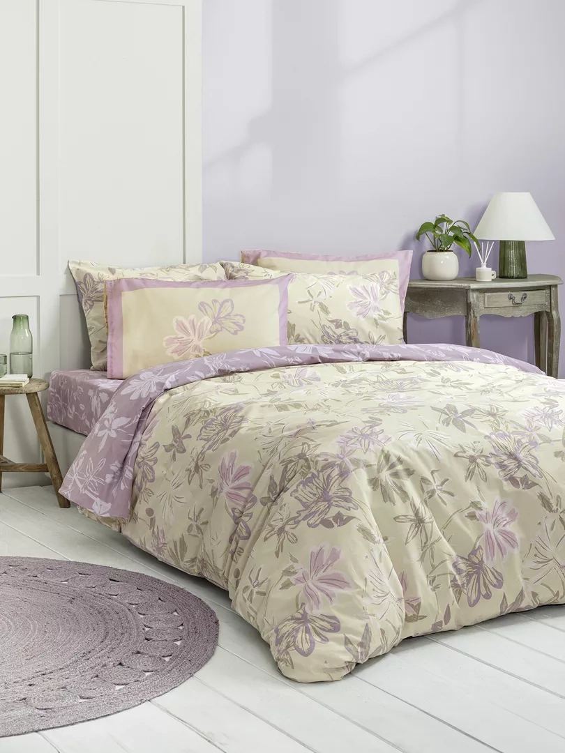 Σετ Σεντόνια Tiare Μπεζ, Λιλά Υπέρδιπλα (2 x 240x260 + 2 Μαξιλαροθήκες 52x72)