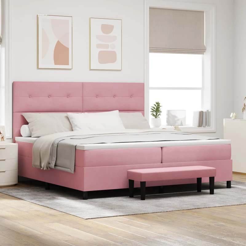 vidaXL Κρεβάτι Box Spring με Στρώμα & Πάγκο Ροζ 200x200 εκ. Βελούδο