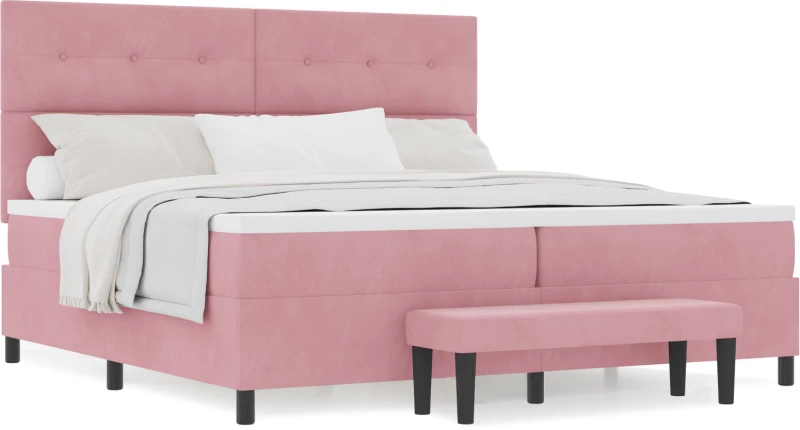 vidaXL Κρεβάτι Box Spring με Στρώμα & Πάγκο Ροζ 200x200 εκ. Βελούδο