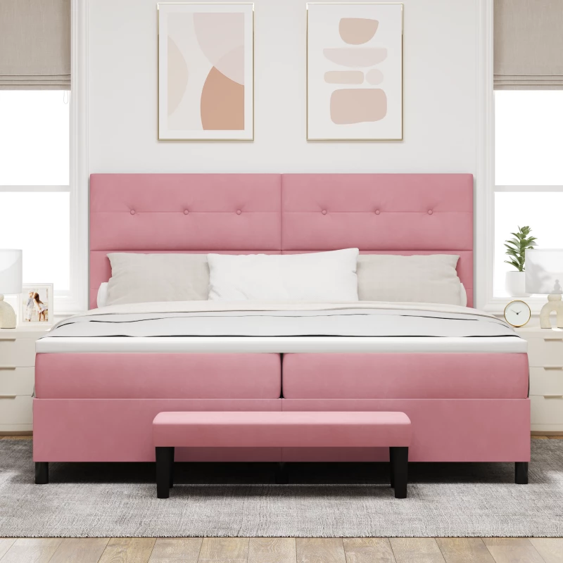 vidaXL Κρεβάτι Box Spring με Στρώμα & Πάγκο Ροζ 200x200 εκ. Βελούδο