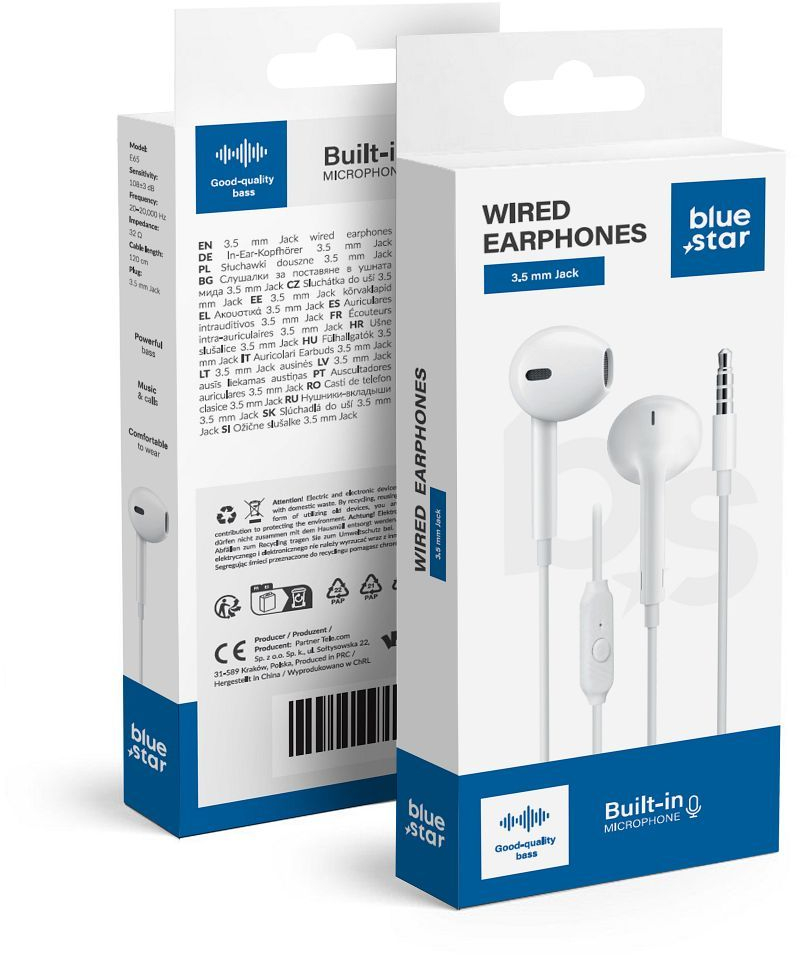 Wire earbuds Jack 3,5 mm Blue Star PA-E65 1,2 m white