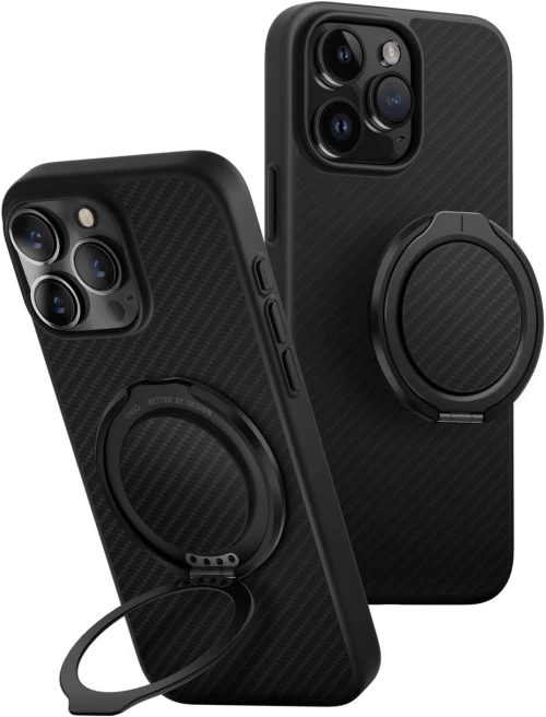 Θήκη iPhone 16 Pro Max Uniq Keva Air + GripFit Σετ Ανθεκτική MagSafe Aramid Fiber με Μαγνητική Βάση / Finger Holder - Carbon Black (UNIQ-IP6.9P(2024)-KAGPBCB)
