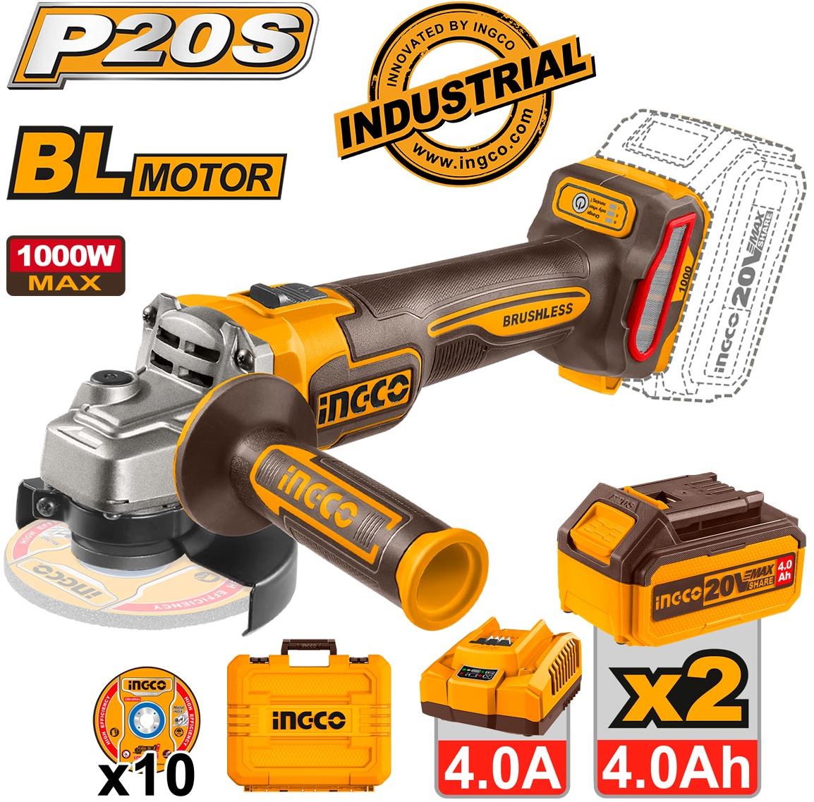 Γωνιακός τροχός μπαταρίας 115mm / 1000W με 2 μπαταρίες 4.0Ah & φορτιστή INGCO CAGLI271532