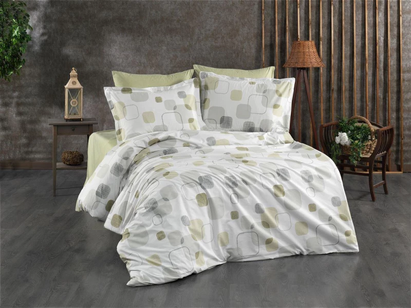 Σεντόνια Εμπριμέ Σετ 4 τεμ Μελίνα 708 220X240 White-Olive 100% Cotton - -