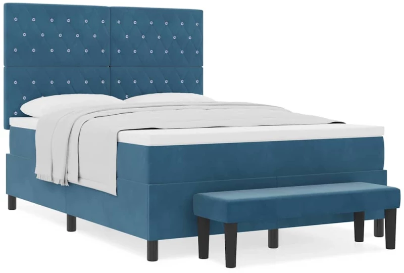 vidaXL Κρεβάτι Box Spring με Στρώμα & Πάγκο Σκούρο Μπλε 160x200 εκ. Βελούδο