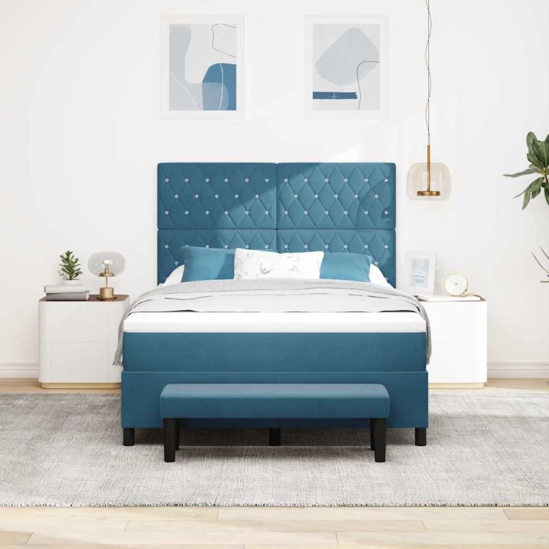vidaXL Κρεβάτι Box Spring με Στρώμα & Πάγκο Σκούρο Μπλε 160x200 εκ. Βελούδο
