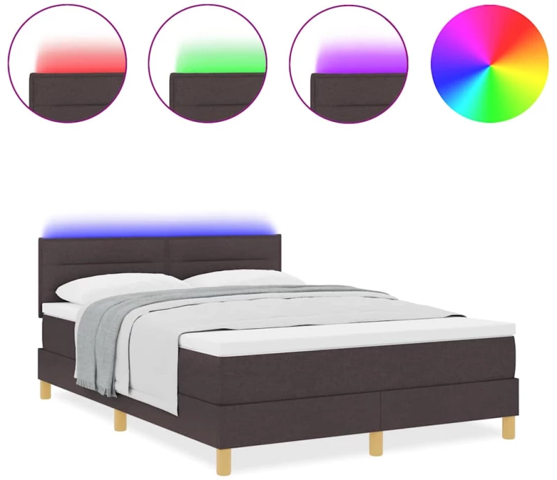vidaXL Κρεβάτι Box Spring με Στρώμα & LED Σκούρο Καφέ 140x200 εκ Ύφασμα