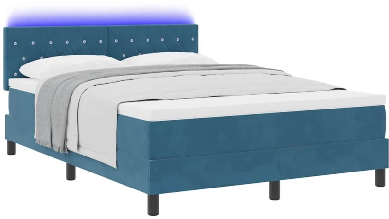 vidaXL Κρεβάτι Box Spring με Στρώμα & LED Σκούρο Μπλε 140x190 εκ. Βελούδο
