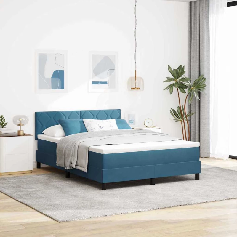vidaXL Κρεβάτι Box Spring με Στρώμα & LED Σκούρο Μπλε 140x200 εκ Βελούδο