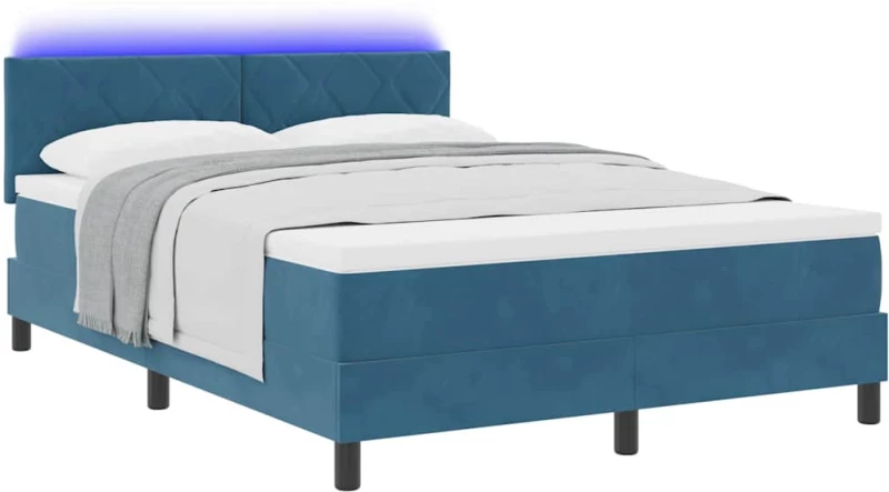 vidaXL Κρεβάτι Box Spring με Στρώμα & LED Σκούρο Μπλε 140x200 εκ Βελούδο