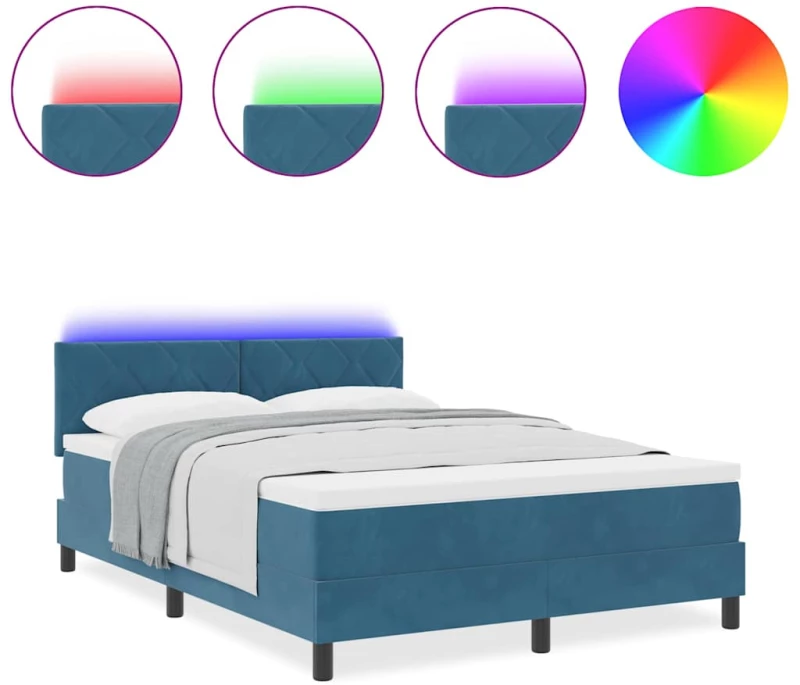 vidaXL Κρεβάτι Box Spring με Στρώμα & LED Σκούρο Μπλε 140x200 εκ Βελούδο