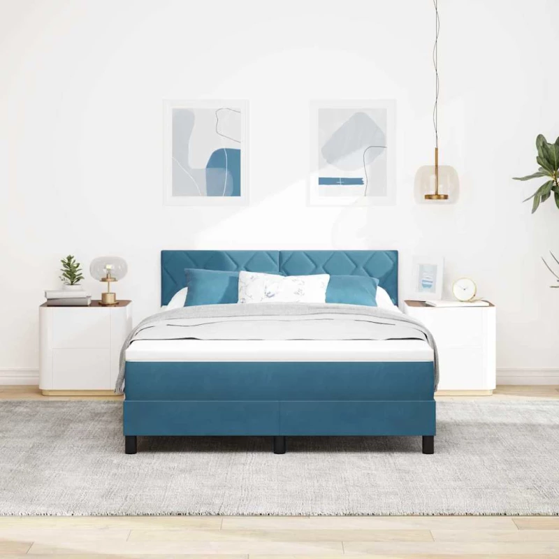 vidaXL Κρεβάτι Box Spring με Στρώμα & LED Σκούρο Μπλε 140x200 εκ Βελούδο