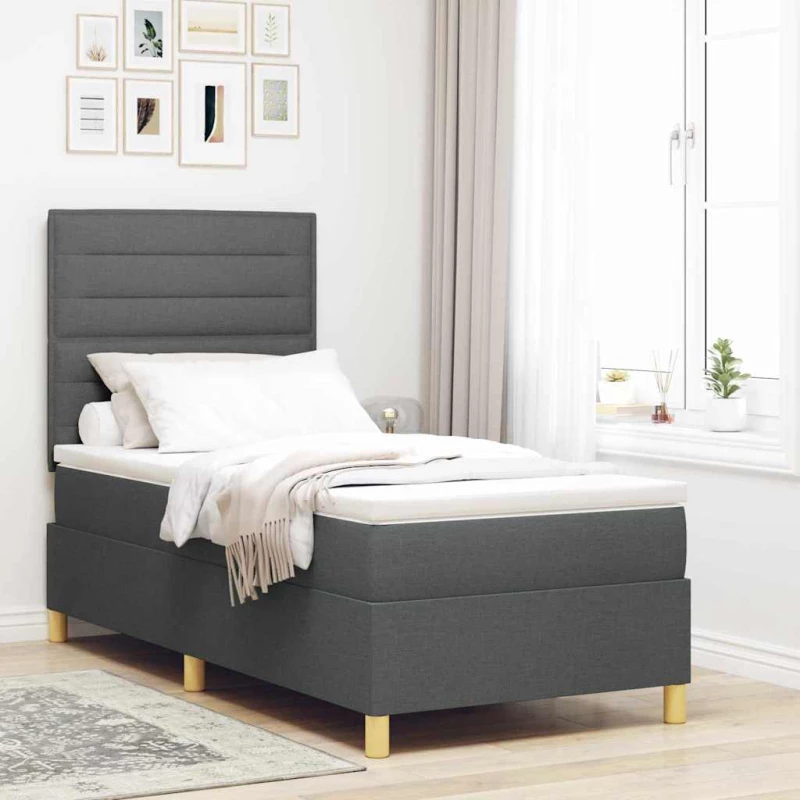 vidaXL Κρεβάτι Box Spring με Στρώμα & LED Σκούρο Γκρι 100x200 εκ. Υφαντό