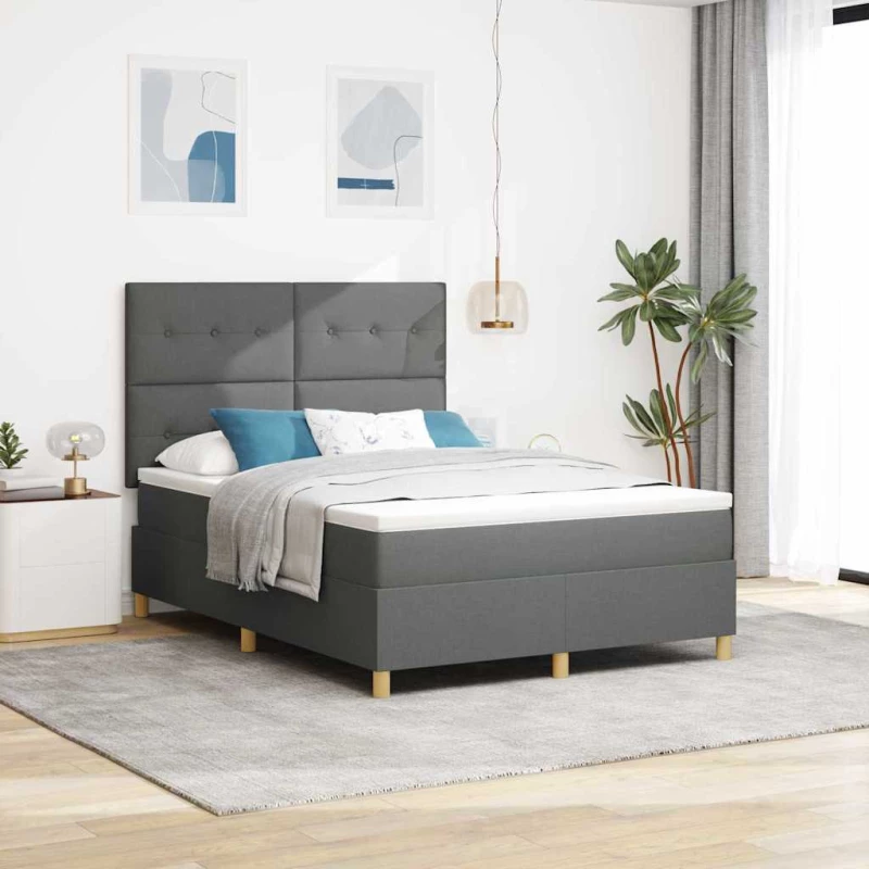 vidaXL Κρεβάτι Box Spring με Στρώμα & LED Σκούρο Γκρι 140x190 εκ. Ύφασμα