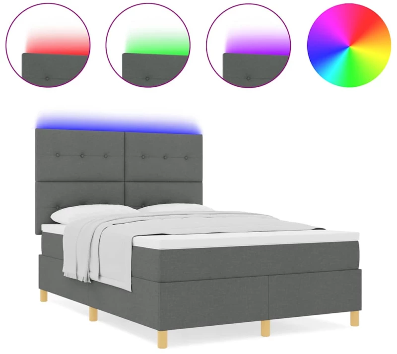 vidaXL Κρεβάτι Box Spring με Στρώμα & LED Σκούρο Γκρι 140x190 εκ. Ύφασμα
