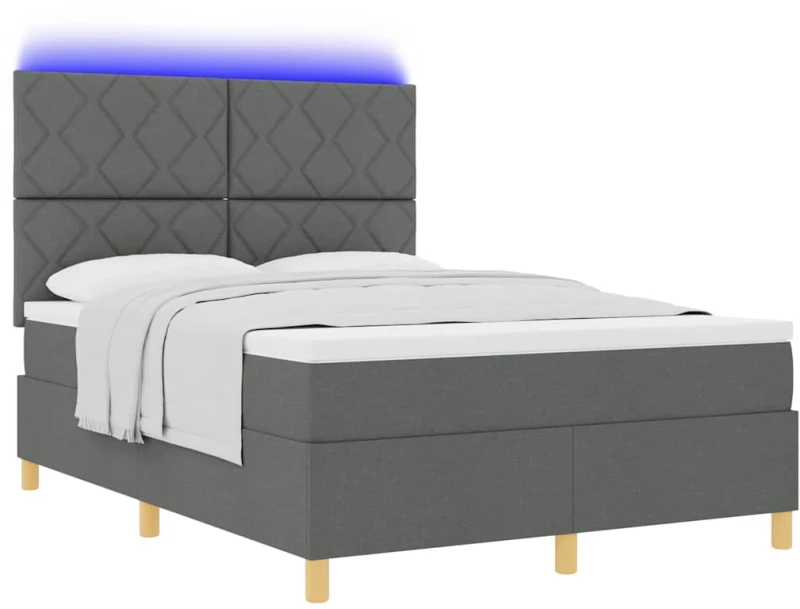 vidaXL Box Spring Bed με Στρώμα & LED Σκούρο Γκρι 160x200 εκ. Υφασμάτινο