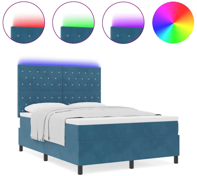 Κρεβάτι Box Spring με Στρώμα & LED vidaXL Σκούρο Μπλε 140x200 εκ Βελούδο