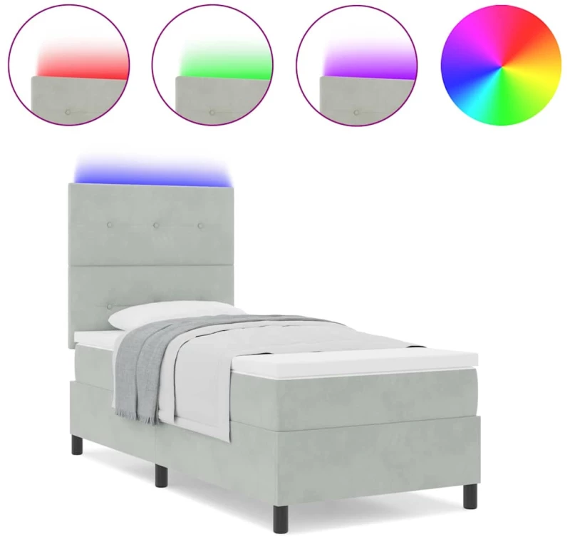 Κρεβάτι Box Spring vidaXL με στρώμα και LED Ανοιχτό γκρι 80x200 εκ. Βελούδο