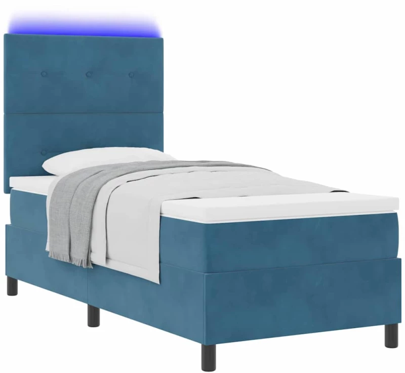 κρεβάτι Box Spring με στρώμα & LED σε σκούρο μπλε 90x190 εκ. από βελούδο