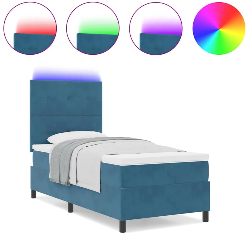 κρεβάτι Box Spring με στρώμα & LED σε σκούρο μπλε 90x190 εκ. από βελούδο