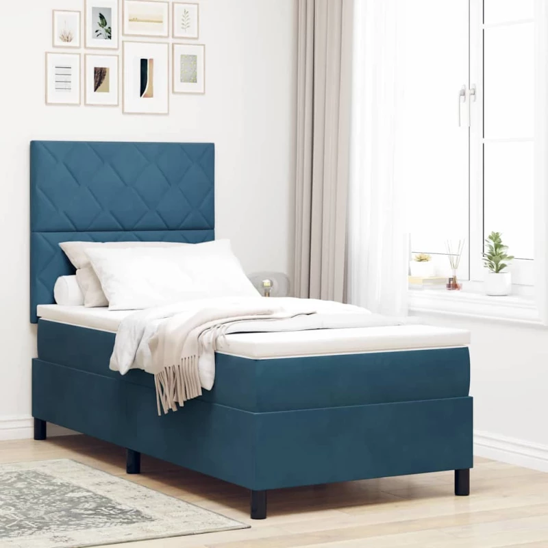 Κρεβάτι Box Spring vidaXL με στρώμα & LED Σκούρο Μπλε 100x200 εκ Βελούδο