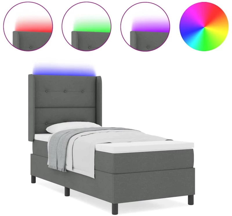vidaXL Κρεβάτι με Στρώμα & LED Γκρι Σκούρο 90x190 εκ Υφάσματος