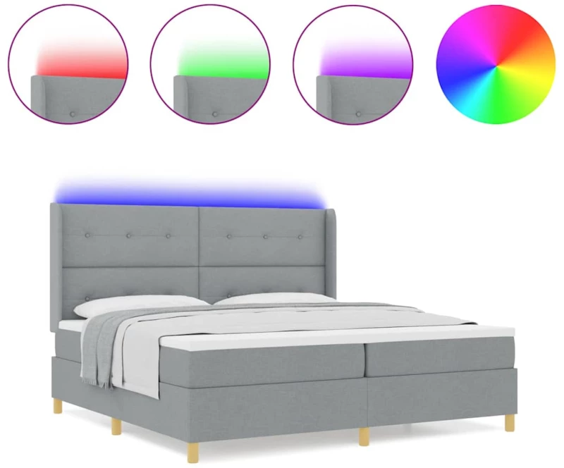 vidaXL Κρεβάτι Box Spring με Στρώμα & LED Φως Γκρι 200x200 εκ. Ύφασμα