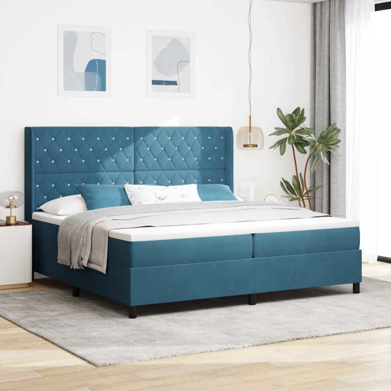 vidaXL Κρεβάτι Box Spring με Στρώμα & LED Σκούρο Μπλε 200x200 εκ Βελούδο