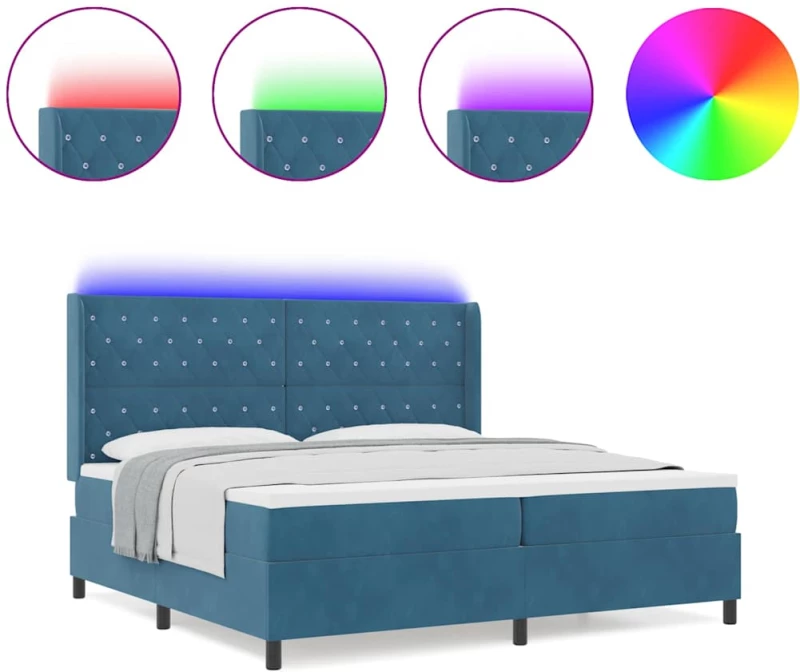 vidaXL Κρεβάτι Box Spring με Στρώμα & LED Σκούρο Μπλε 200x200 εκ Βελούδο