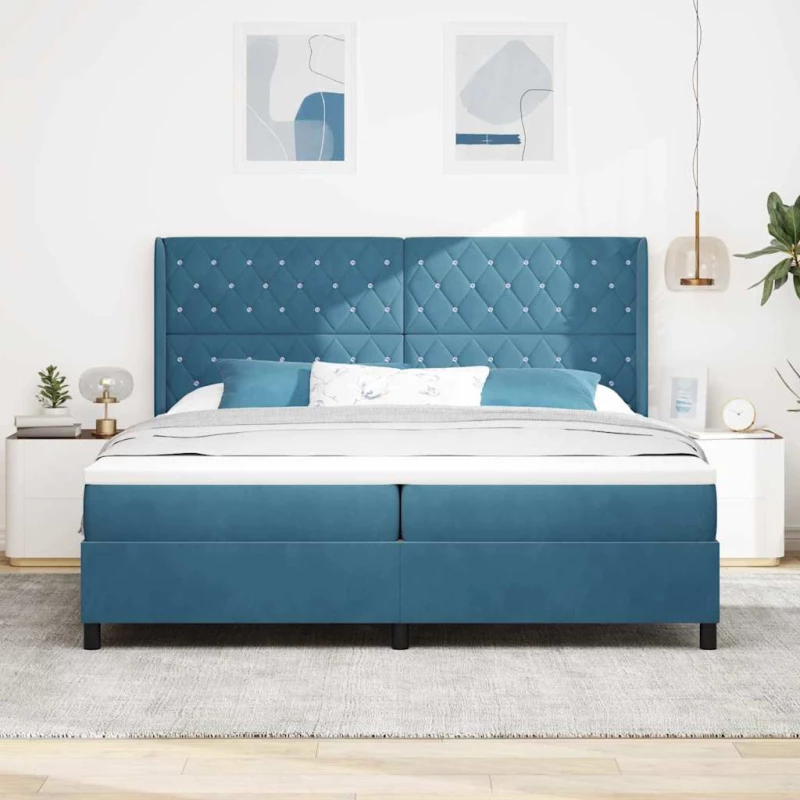 vidaXL Κρεβάτι Box Spring με Στρώμα & LED Σκούρο Μπλε 200x200 εκ Βελούδο