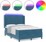 Κρεβάτι Box Spring με Στρώμα & LED σε Σκούρο Μπλε 140x200 εκ Βελούδο