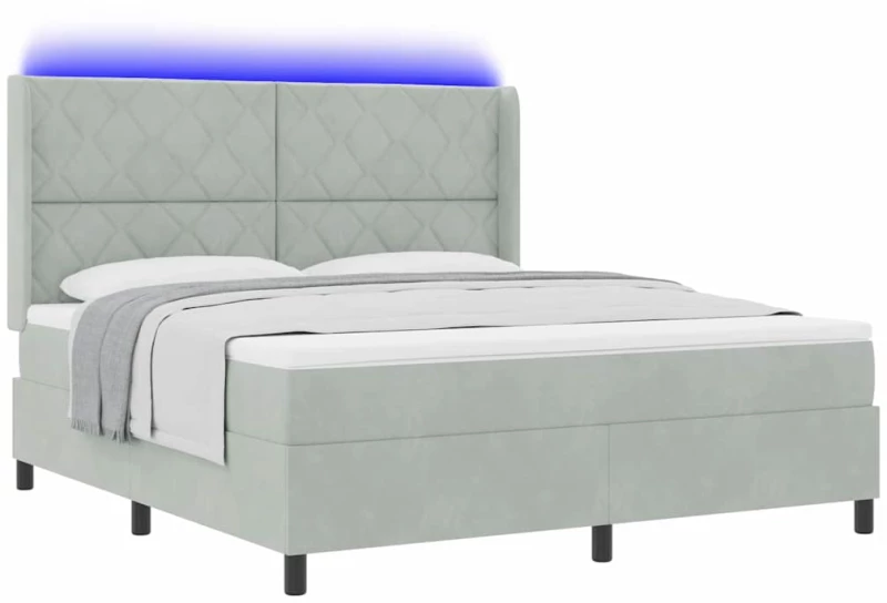 vidaXL Κρεβάτι Box Spring με Στρώμα & LED Ανοιχτό Γκρι 180x200 εκ Βελούδινο