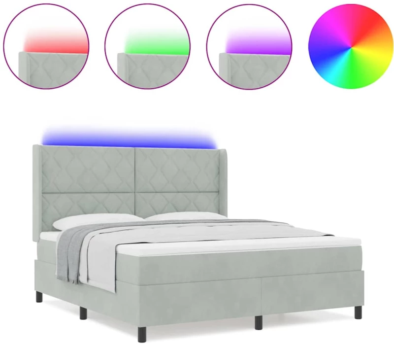 vidaXL Κρεβάτι Box Spring με Στρώμα & LED Ανοιχτό Γκρι 180x200 εκ Βελούδινο