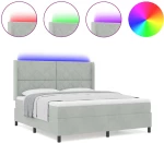 vidaXL Κρεβάτι Box Spring με Στρώμα & LED Ανοιχτό Γκρι 180x200 εκ Βελούδινο