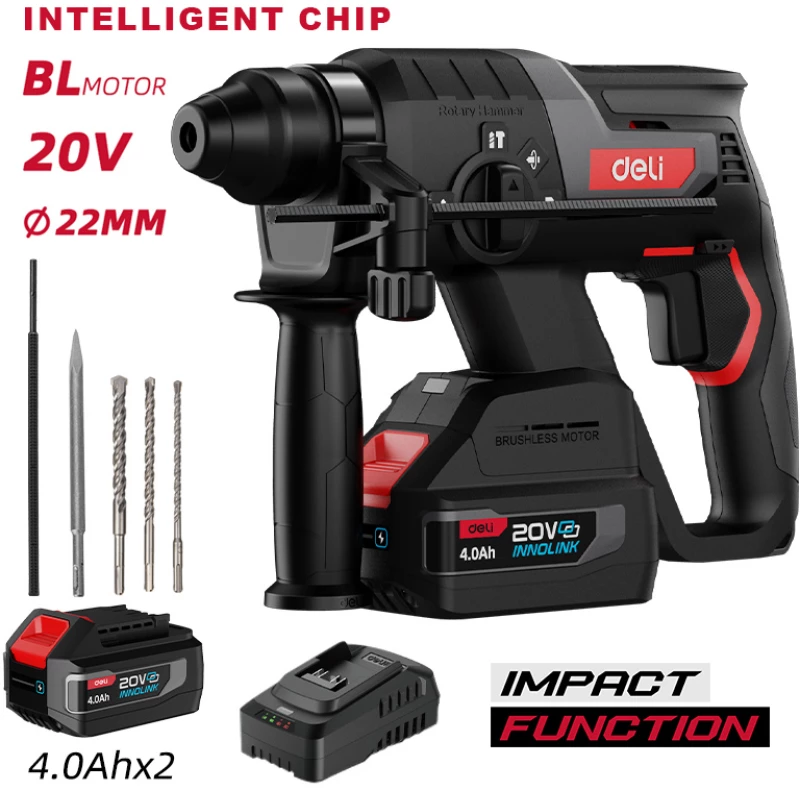 DELI κρουστικό σκαπτικό μπαταρίας DE-DC20-2D4, Brushless, 20V, 2x 4Ah, 2J