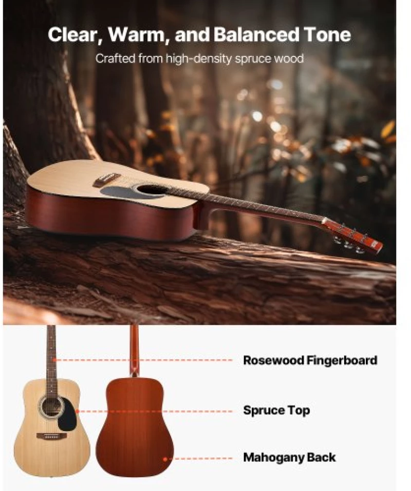 VEVOR 41 in Dreadnought Acoustic Guitar Natural Beginner Bundle Gig Bag Adult