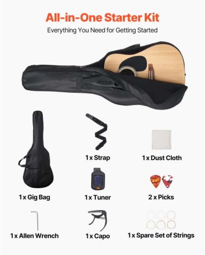 VEVOR 41 in Dreadnought Acoustic Guitar Natural Beginner Bundle Gig Bag Adult