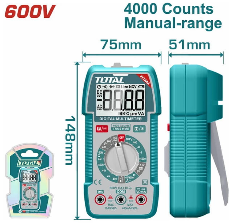 TOTAL Επαγγελματικό Πολύμετρο Ψηφιακό 600V (TMT536002)