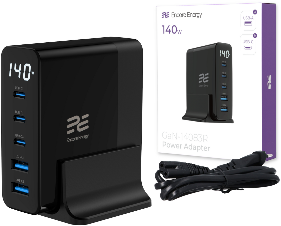 Encore energy gan qc 4+ 5.0 pd 3.0 usb-a x2 usb-c x3 140w wall charger gan-14083r with display + 2m usb-c cable