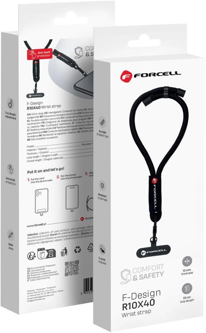 Forcell F-Design R10X40 Wrist Phone Lanyard With Adjustable Length (Max 20Cm In The Loop) Black