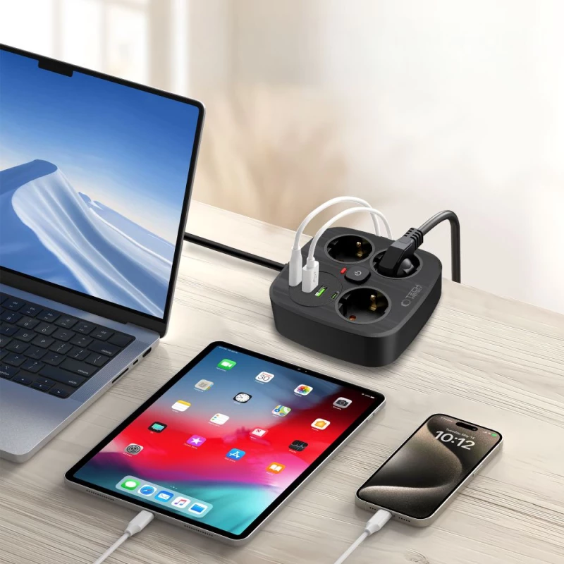 Tech-Protect PCS3X4 power strip, 3 sockets, 2xUSB-A, 2xUSB-C 200 cm - black