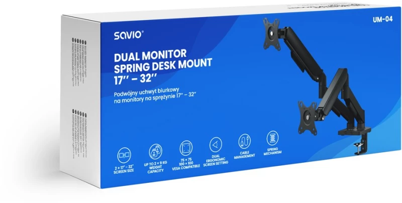 SAVIO UM-04 Dual Desk Mount for Monitors 17″ – 32″, 2× 2–9 kg, with Gas Spring