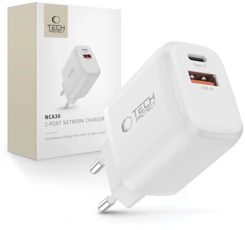 Tech-Protect NCA30 PD 30W QC3.0 USB-A / USB-C Wall Charger - White