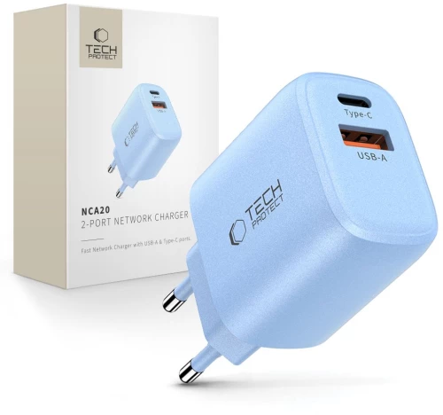 Tech-Protect NCA20 PD 20W QC3.0 USB-A / USB-C Wall Charger - Blue