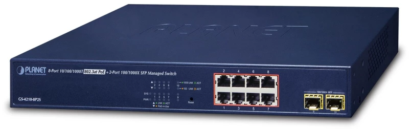 PLANET GS-4210-8P2S network switch Managed Gigabit Ethernet (10/100/1000) Power over Ethernet (PoE) 1U Blue