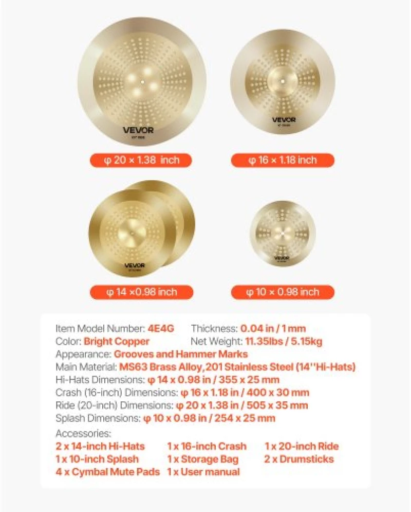 VEVOR Cymbal Pack 4 Pieces Cymbals Drum Set 10 14 16 20 Inches Cymbals for Drum